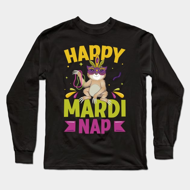 Happy Mardi Nap Lazy Sloth Wearing Carnival Mask Mardi Gras Long Sleeve T-Shirt by Pizzan